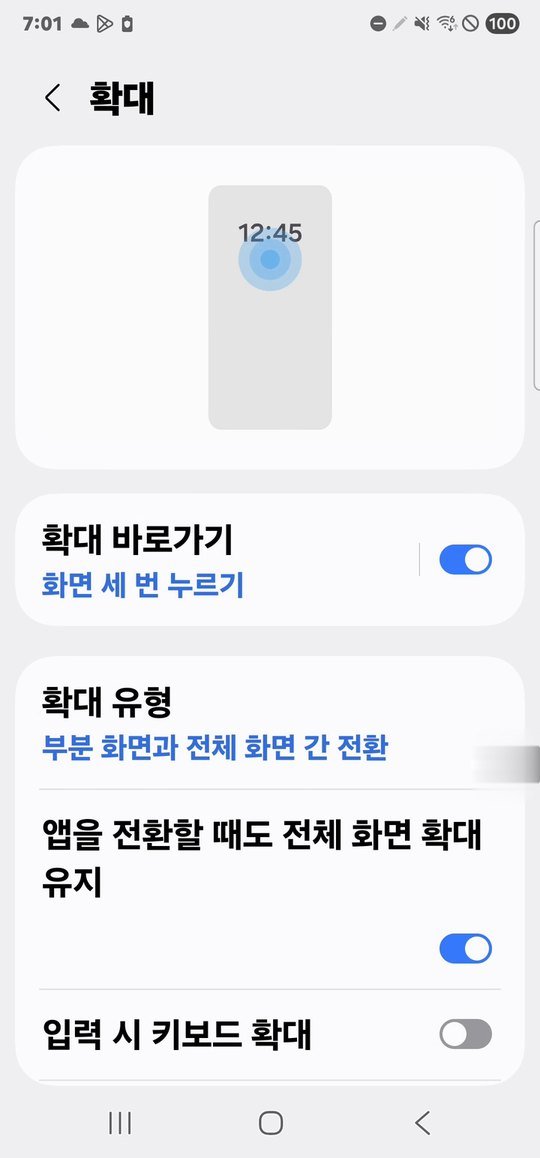 확대 바로가기가 켜진 확대 설정 화면